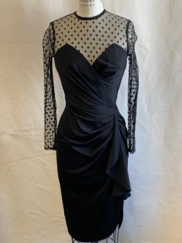Womens, Cocktail Dress, FREDERICKS OF HOLLYW, Black, Synthetic, Solid, Spots , B 34, 4, W 26, CN, Lace Front/ Back & Sleeves,  L/S, Sweetheart Neckline with Pleating, Left Side Pleating/Frill & Slit, Back Zip, Hem Below Knee