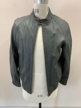 Mens, Leather Jacket, GEROME, Gray, Leather, C38, Collar Band With Snap Button, Zip Front, 2 Pockets