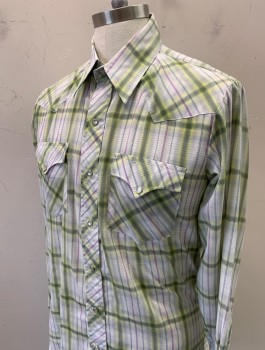 Mens, Western Shirt, CHUTE #1, Off White, Lt Green, Lavender Purple, Cotton, Plaid, Slv:33, N:16, L/S, Snap Front, Collar Attached, Western Style Yoke, 2 Pockets with Flaps