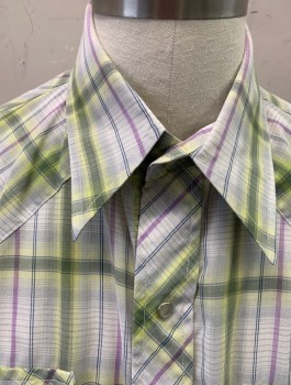 Mens, Western Shirt, CHUTE #1, Off White, Lt Green, Lavender Purple, Cotton, Plaid, Slv:33, N:16, L/S, Snap Front, Collar Attached, Western Style Yoke, 2 Pockets with Flaps