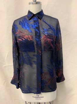 Womens, Blouse, MAJE, Black, Red, Blue, Silk, Polyester, Abstract , B38, C.A., Button Front, L/S, Hidden Placket, Sheer