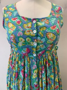 NO LABEL, Blue, Green, Yellow, Pink, Orange, Polyester, Insects Print, Sleeveless, Scoop Neck, Button Front, Side Ties, Butterfly Print Pleated