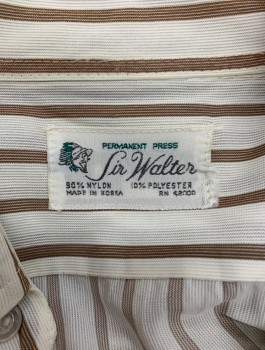 Mens, Casual Shirt, SIR WALTER, White, Brown, Nylon, Polyester, Stripes - Vertical , 15.5, Button Front, S/S, C.A., 2 Pockets Left One Mended,