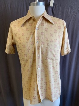 Mens, Casual Shirt, SEARS, Ochre Brown-Yellow, Brown, Pink, Poly/Cotton, Geometric, Squares, 14.5, 14-, S/S, B.F., C.A.,  2 Chest Pockets, Cuffed Sleeves, Multiples