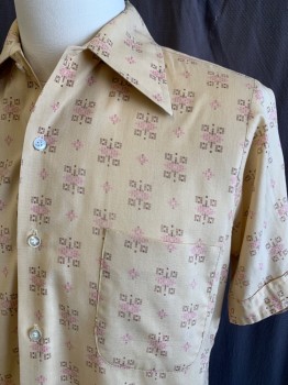 SEARS, Ochre Brown-Yellow, Brown, Pink, Poly/Cotton, Geometric, Squares, S/S, B.F., C.A.,  2 Chest Pockets, Cuffed Sleeves, Multiples