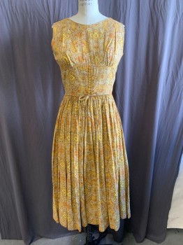 CAROL RODGERS, Yellow, Multi-color, Cotton, Paisley/Swirls, Round Neck, Slvls, Pleated Skirt, Zip Back, 10 Buttons Down Front, Tie At Waist, Aged/Distressed, Light Brown, Orange, And White Accents *Worn Zipper*