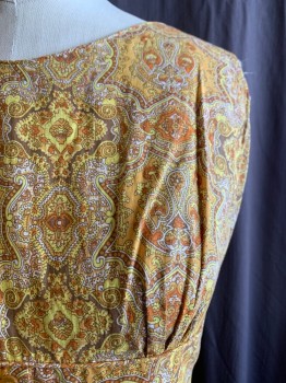 CAROL RODGERS, Yellow, Multi-color, Cotton, Paisley/Swirls, Round Neck, Slvls, Pleated Skirt, Zip Back, 10 Buttons Down Front, Tie At Waist, Aged/Distressed, Light Brown, Orange, And White Accents *Worn Zipper*