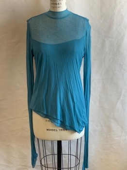 Womens, Sci-Fi/Fantasy Top, MAIRI CHISHOLM, Teal Green, Synthetic, Solid, B 34, Stand Collar, X L/S, Double Layer, Diagonal Hem, Hole Back Right Shoulder