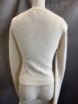 Womens, Sweater, PINKISH, Cream, Angora, Wool, Solid, S, L/S, CN, Pearl & Rhinestone Applique At Collar