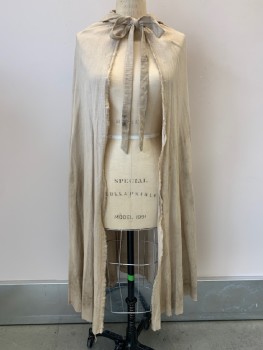Unisex, Historical Fiction Cape, NO LABEL, Lt Beige, Linen, Solid, OS, Cape With Hood, Neck Tie, Stained, Distressed