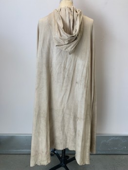 Unisex, Historical Fiction Cape, NO LABEL, Lt Beige, Linen, Solid, OS, Cape With Hood, Neck Tie, Stained, Distressed