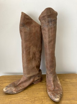 N/L, Lt Brown, Leather, Aged/Distressed,  Pull On, Knee Hi, with Faded Novelty Graphic At Top Of Boot