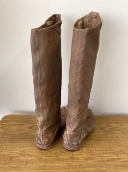 Mens, Sci-Fi/Fantasy Boots , N/L, Lt Brown, Leather, 12.5, Aged/Distressed,  Pull On, Knee Hi, with Faded Novelty Graphic At Top Of Boot