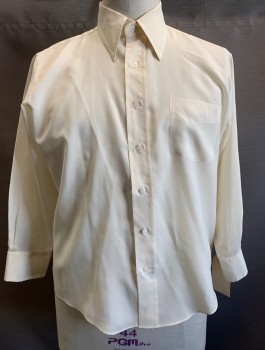 Mens, Dress Shirt, MOTGOMERY WARD, Lt Yellow, Polyester, Solid, 32, 17, L/S, Button Front, C.A., 1 Pocket, Slightly Sheer