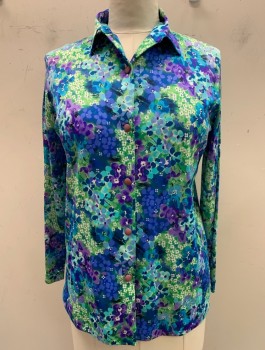 N/L, Green, Turquoise Blue, Polyester, Floral, Bright Busy, Button Front, L/S, C.A., Folded Cuffs No Buttons
