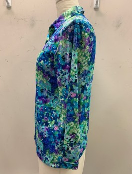 Womens, Blouse, N/L, Green, Turquoise Blue, Polyester, Floral, B40, Bright Busy, Button Front, L/S, C.A., Folded Cuffs No Buttons