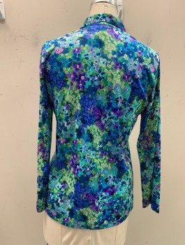 Womens, Blouse, N/L, Green, Turquoise Blue, Polyester, Floral, B40, Bright Busy, Button Front, L/S, C.A., Folded Cuffs No Buttons