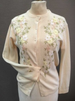 Womens, Sweater, GEM GEM, Cream, Multi-color, Wool, Floral, S, Solid Cardigan, Pearl Button Front, L/S, Pastel Yellow/Green/Lt Blue/Lt Pink Embroidery with Ribbon, Ribbed Knit Crew Neck/Cuffs/Waistband, Embroidered Floral On Cuff and Back Neck,
