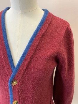 PEEK, Maroon Red, Navy Blue, Polyester, Nylon, Color Blocking, L/S, Patch Pockets, 5 Bttns, Suede Elbow Patches, Tortoise Shell Buttons, Rib Knit Trim
