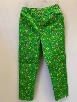 Womens, Jeans, Blue Bell Maverick, Lime Green, Yellow, Purple, Orange, Cotton, Floral, W: 28, Zip Fly, Shiny Round Rivets on Pockets, Belt Loops,
