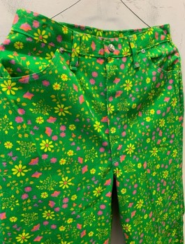 Blue Bell Maverick, Lime Green, Yellow, Purple, Orange, Cotton, Floral, Zip Fly, Shiny Round Rivets on Pockets, Belt Loops,