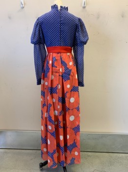 NO LABEL, Blue, Red, White, Polyester, Polka Dots, Floral, L/S, Pleated Collar, Puff Sleeves, Button Down with Bow, Back Zipper,