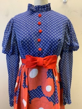 Womens, Dress, NO LABEL, Blue, Red, White, Polyester, Polka Dots, Floral, W24, B32, L/S, Pleated Collar, Puff Sleeves, Button Down with Bow, Back Zipper,