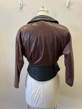 N/L, Black/Brown Color Block Leather, DB. 1/2 Quilted Shawl Lapel, Shoulder Pads, Raglan L/S, Dbl Pleats Bust Into Wide Horizontal Quilted Waistband,