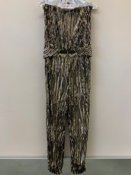 Womens, 1970s Vintage, Piece 1, NO LABEL, Black, Gold, Brass Metallic, Polyester, Sequins, Stripes, W32, B32, Jumpsuits, Strapless, Stretchy, Elastic Waist Band, Full Sequins Made To Order, Multiples,