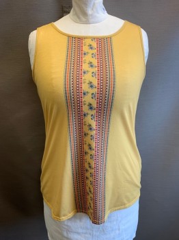 Womens, Top, AVENUE, Yellow, Multi-color, Polyester, Spandex, Solid, Stripes - Vertical , 14/16, Slvls, Round Neck, Multicolor Geometric Strip, Floral Print at Center Front