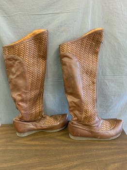 Mens, Historical Fiction Boots , MTO, Chestnut Brown, Dk Brown, Leather, Straw, 11.5, Made To Order, Pull On, Pointed Toe with Curve, Woven Raffia,