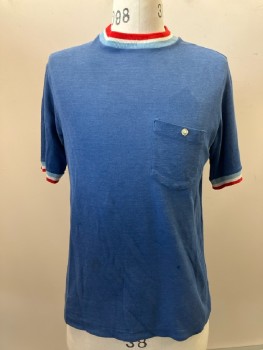 Mens, T-shirt, N/L, Blue, Red, White, Solid, Ch: 40, CN, S/S, Chest Pocket, Striped Trim