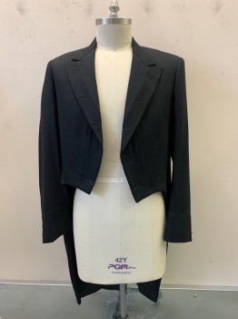 Mens, Tailcoat 1890s-1910s, AB Barrandov, Black, Wool, Solid, 42, Notched Lapel, Front Stops at Waist. Tail Extends 23 Inches Past Waist, No Buttons