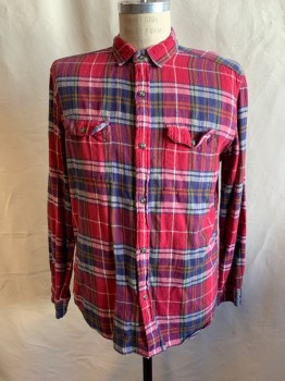 Mens, Casual Shirt, STAPLEFORD, Red, Navy Blue, White, Turmeric Yellow, Cotton, Plaid, M, Flannel, Button Front, Collar Attached, 2 Flap Patch Pockets, Long Sleeves, Button Cuff