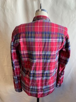 Mens, Casual Shirt, STAPLEFORD, Red, Navy Blue, White, Turmeric Yellow, Cotton, Plaid, M, Flannel, Button Front, Collar Attached, 2 Flap Patch Pockets, Long Sleeves, Button Cuff