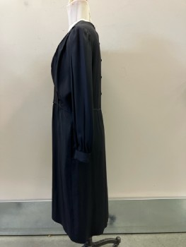 JT DRESS, Black Rayon Crepe, Pull On, Button Placket CB, Surplice V-N, with Pleats From Shoulders, Puff L/S with Button Cuffs, Belt Loops, 2 Pckts, Calf Length, Interior Buttons For Removable Collar And Cuffs