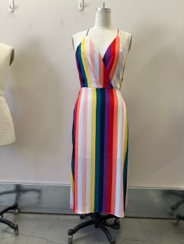 LUSH, Red, Pink, Teal Blue, Yellow, White, Polyester, Stripes - Vertical , Spaghetti Strap, Surplice Bodice with Snap CF, Built In Half Slip, Back Zip, Side Slit, Hem Below Knee