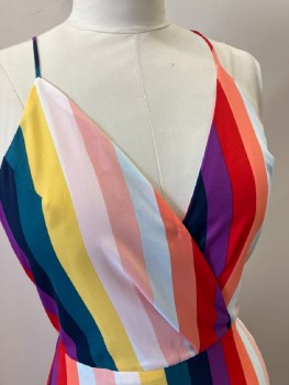 LUSH, Red, Pink, Teal Blue, Yellow, White, Polyester, Stripes - Vertical , Spaghetti Strap, Surplice Bodice with Snap CF, Built In Half Slip, Back Zip, Side Slit, Hem Below Knee