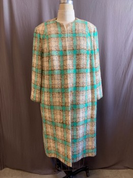 Womens, Coat, TAYLOR YOUNG, Turquoise Blue, Beige, Cream, Wool, Plaid, B46, Round Neck, Hook & Eyes Front, 2 Pockets,