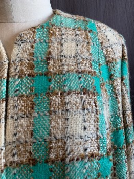 TAYLOR YOUNG, Turquoise Blue, Beige, Cream, Wool, Plaid, Round Neck, Hook & Eyes Front, 2 Pockets,