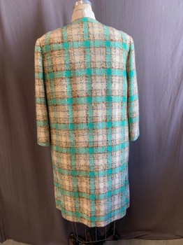 Womens, Coat, TAYLOR YOUNG, Turquoise Blue, Beige, Cream, Wool, Plaid, B46, Round Neck, Hook & Eyes Front, 2 Pockets,