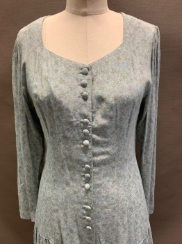 CAROLE LITTLE, Sea Foam Green, Lt Blue, Rayon, Floral, L/S, Sweetheart Neckline, Button Front, Dropped Waist, Gathered At Hips