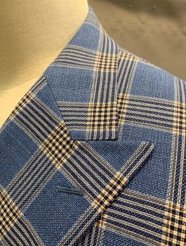 TIGLIO ROSSO, Cornflower Blue, Cream, Navy Blue, Wool, Plaid, Double Breasted, Peaked Lapel, 4 Pockets