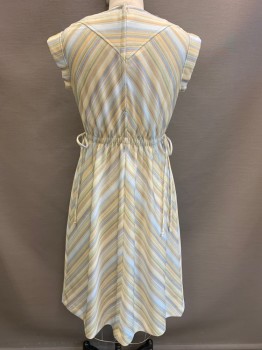N/L, Yellow, Lt Green, Lt Blue, Gray, Polyester, Stripes - Diagonal , Cap Sleeves, Round Neck, V Shaped Yoke At Chest, Elastic Waist With Ties At Waist, Knee Length