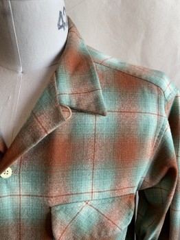 Mens, Casual Shirt, PENDELTON, Brown, Sage Green, Cream, Wool, Plaid, L, Button Front, Collar Attached, 2 Flap Pockets, Long Sleeves, Button Cuff, 50's Retro