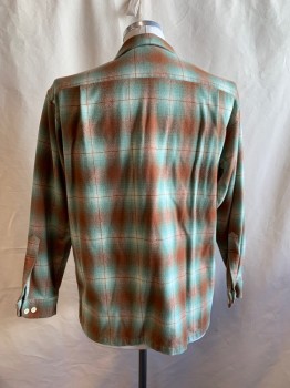 Mens, Casual Shirt, PENDELTON, Brown, Sage Green, Cream, Wool, Plaid, L, Button Front, Collar Attached, 2 Flap Pockets, Long Sleeves, Button Cuff, 50's Retro
