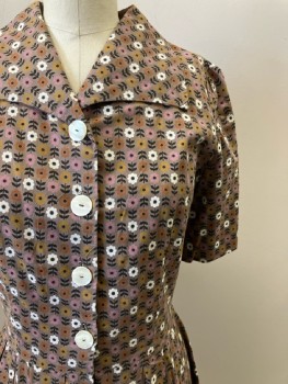 N/L, Taupe Brown/ Multi-color, Floral Print, C.A., B.F., S/S, Pleated