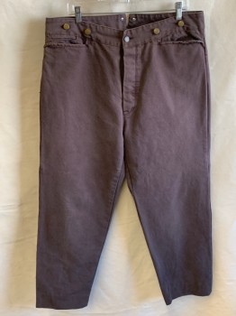 Mens, Historical Fiction Pants, NL, Chocolate Brown, Cotton, Solid, 28, 36, F.F, Button Front, 3 Pockets, Metal Suspender Buttons, Back Half Belt, 1 Back Pocket