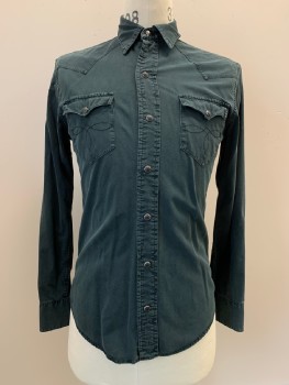 Mens, Western, RALPH LAUREN, Charcoal Gray, Cotton, Solid, S, L/S, Snap Button Front, C.A., Chest Pockets