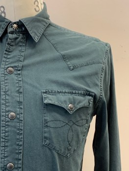 RALPH LAUREN, Charcoal Gray, Cotton, Solid, L/S, Snap Button Front, C.A., Chest Pockets